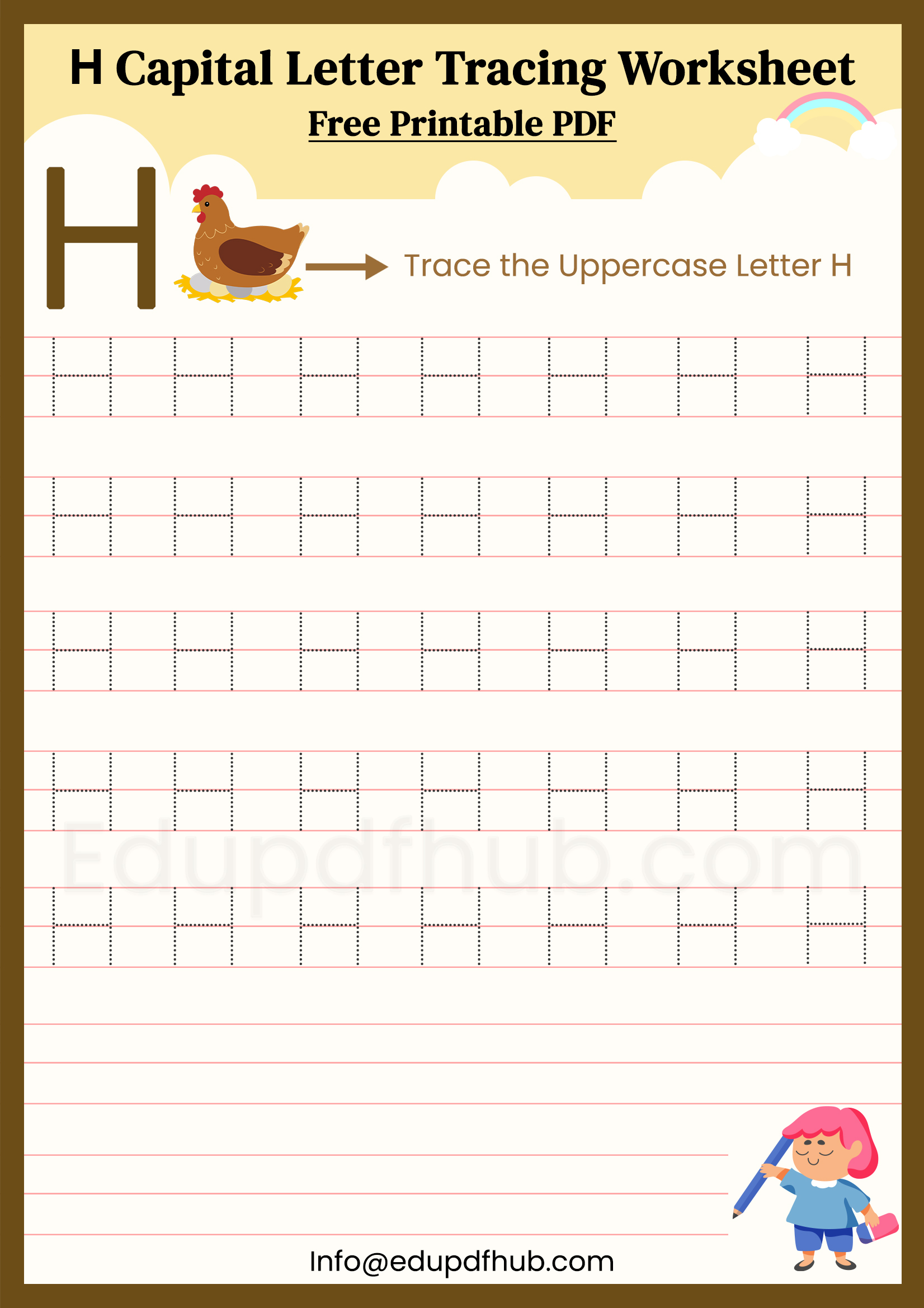 H Capital Letter Tracing Worksheet Printable PDF for Kids